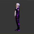 Man Wearing White Headscarf Scarf Black T-shirt Purple Shoes With Arms Outstretched Against Gray Background