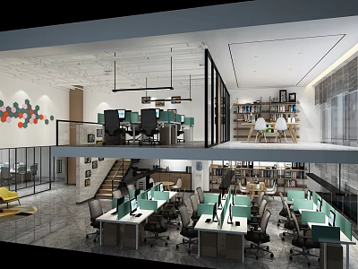 Modern Open Public Office Space With Workstations Computers Desks Chairs And Bookshelves 3d model