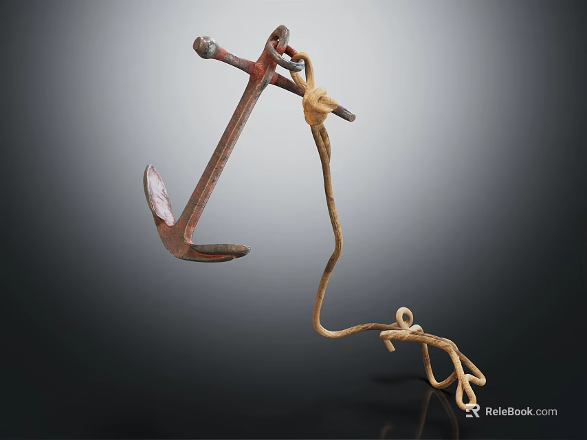 Old Rusty Metal Anchor With Yellow Rope Tied Against Dark Background 3d model 