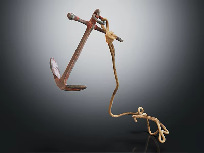 Old Rusty Metal Anchor With Yellow Rope Tied Against Dark Background 3d model