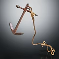 Old Rusty Metal Anchor With Yellow Rope Tied Against Dark Background