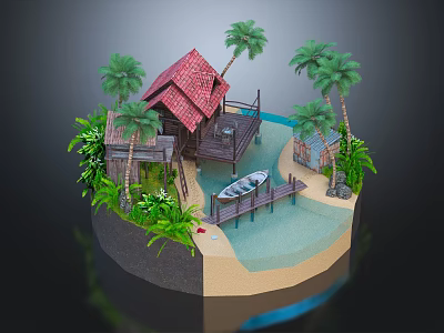 Detached Villa with Red Tile Roof Palm Trees Beachfront Boat Pier and Lush Greenery 3d model