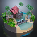 Detached Villa with Red Tile Roof Palm Trees Beachfront Boat Pier and Lush Greenery