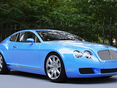 Blue Bentley Coupe With Shiny Chrome Grille Parked By Green Trees 3d model