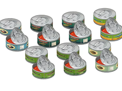 Assorted Opened Canned Food Items With Different Flavors And Labels 3d model