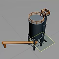 Industrial Blue Storage Tank With Yellow Railings Pipes And Green Base Platform