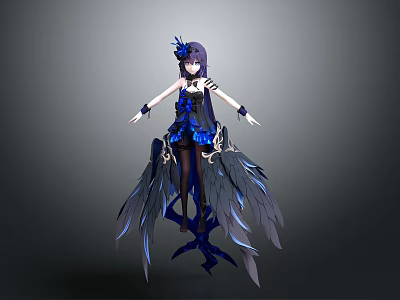 Anime Female Character In Blue Black Outfit With Purple Hair And Feathered Wings 3d model