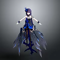 Anime Female Character In Blue Black Outfit With Purple Hair And Feathered Wings