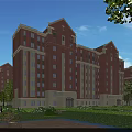 Red Brick Apartment Building With Greenery And Outdoor Leisure Space For Residents