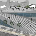 Modern Public Building Design With Stepped Roof People Gathering Green Area And Trees