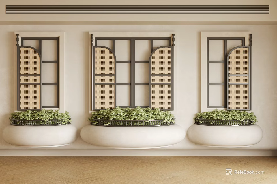 Green Plant Arrangement On Windowsill With Black Frame Lattice Design And White Planters 3d model 