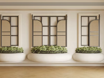 Green Plant Arrangement On Windowsill With Black Frame Lattice Design And White Planters 3d model