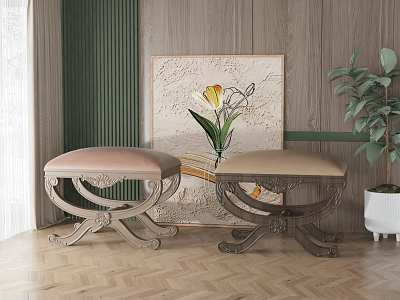 Wooden Carved Benches With Pink And Beige Upholstered Seats By Green Curtain And Floral Painting 3d model
