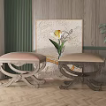 Wooden Carved Benches With Pink And Beige Upholstered Seats By Green Curtain And Floral Painting