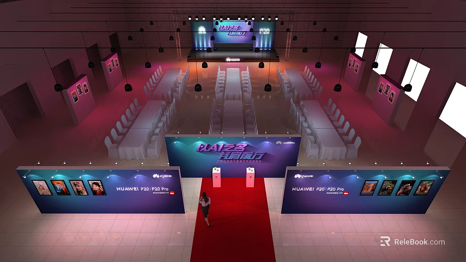 Grand Event Venue With Red Carpet Stage Seats Lighting And Display Boards 3d model 
