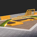 Modern Urban Park Landscape With Yellow Seating Structures Wooden Platform And Trees