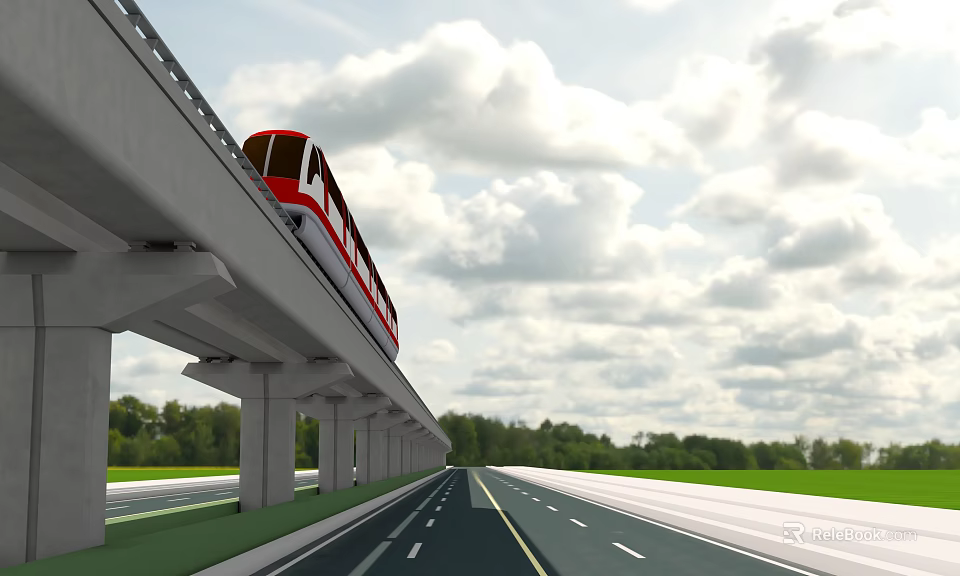 Elevated Bridge Featuring Red Train on Track Road Below Green Trees and Cloudy Sky 3d model