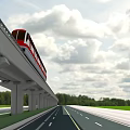 Elevated Bridge Featuring Red Train on Track Road Below Green Trees and Cloudy Sky 3d model
