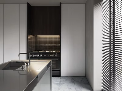 Modern Kitchen Interior With White And Dark Cabinets Stainless Countertop Appliances And Blinds 3d model