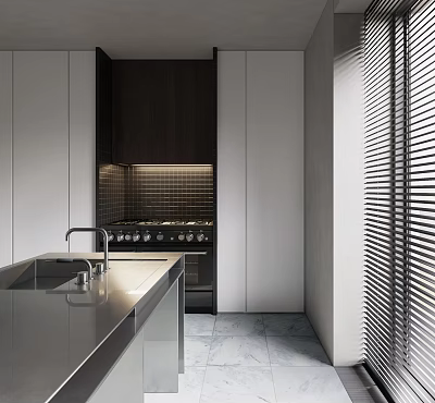 Modern Kitchen Interior With White And Dark Cabinets Stainless Countertop Appliances And Blinds 3d model
