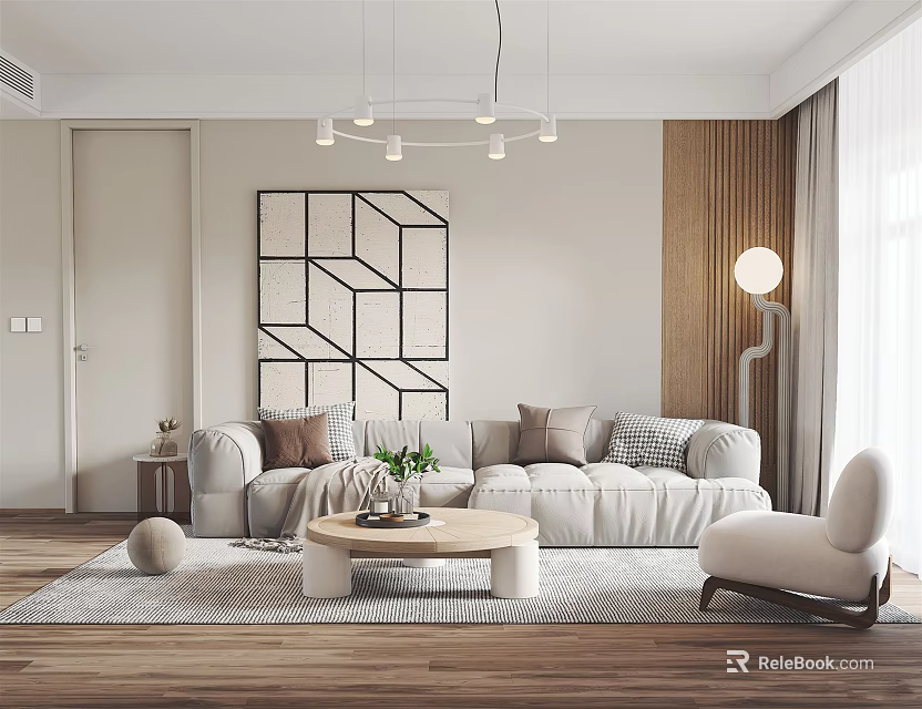 Modern Living Room With Beige Sofa Geometric Wall Art Chandelier Wooden Floor And Coffee Table 3d model 