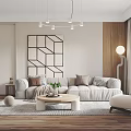 Modern Living Room With Beige Sofa Geometric Wall Art Chandelier Wooden Floor And Coffee Table
