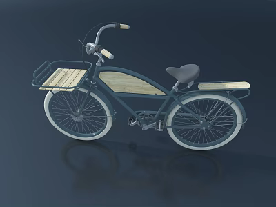 Vintage Bicycle With Wooden Front Basket Blue Frame White Rims And Gray Seat 3d model