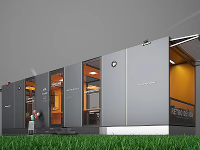 Modern Modular Building With Glass Doors Grass Area And Retro Heaven Sign 3d model