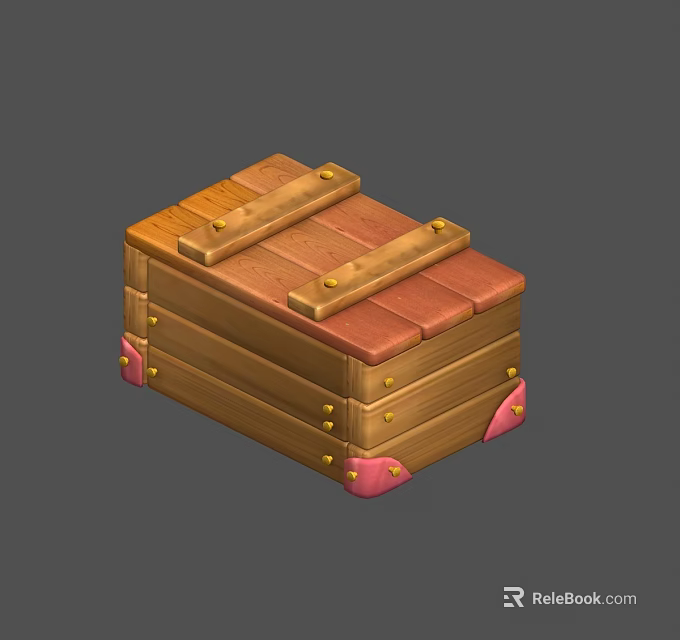 Sturdy Wooden Storage Chest With Planks Metal Nails And Pink Feet For Household Use 3d model 