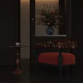 Traditional Accent Chair With Red Upholstered Seat And Wooden Side Table Blue And White Vase With Flowers Dark Wood Panel Background