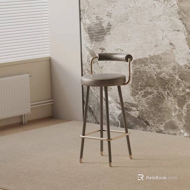Elegant Modern Bar Stool With Dark Gray Leather Seat Brass Frame And Marble Wall Interior 3d model 