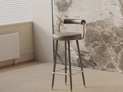 Elegant Modern Bar Stool With Dark Gray Leather Seat Brass Frame And Marble Wall Interior 3d model