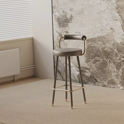 Elegant Modern Bar Stool With Dark Gray Leather Seat Brass Frame And Marble Wall Interior 3d model
