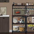 Multi Tiered Kitchen Storage Shelf with Microwave Toaster Rice Cooker Bowls Mugs and Fresh Fruits