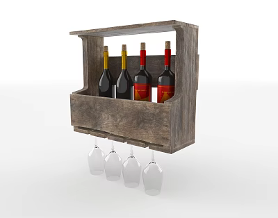 Wooden Wine Rack Holding Wine Bottles And Hanging Wine Glasses 3d model