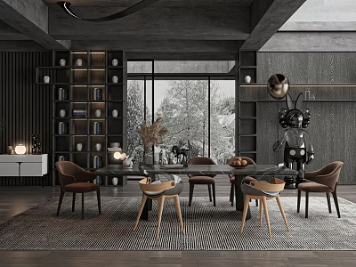 Modern Restaurant Interior Design With Dining Table Chairs Chandeliers Bookshelves And Large Windows 3d model