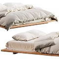 Minimalist Wooden Bed Frame With Linen Bedding Soft Pillows And Cozy Duvet