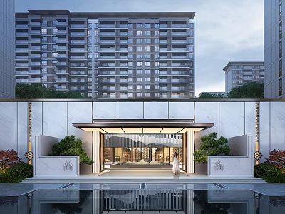 Modern Entrance Gate Design With High Rise Residential Building Water Pool And Green Plants 3d model