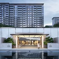 Modern Entrance Gate Design With High Rise Residential Building Water Pool And Green Plants