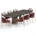 Modern Dining Table And Chair Set With Marble Top Metal Base And Red Upholstered Chairs