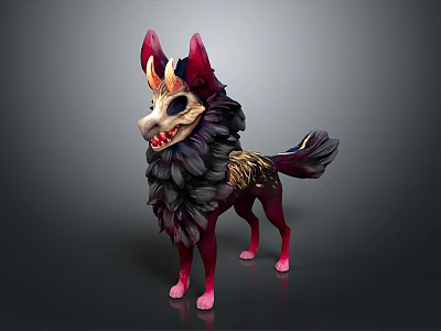 Mythical Red Horned Wolf Creature With Fluffy Black Fur And Golden Details 3d model