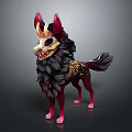 Mythical Red Horned Wolf Creature With Fluffy Black Fur And Golden Details
