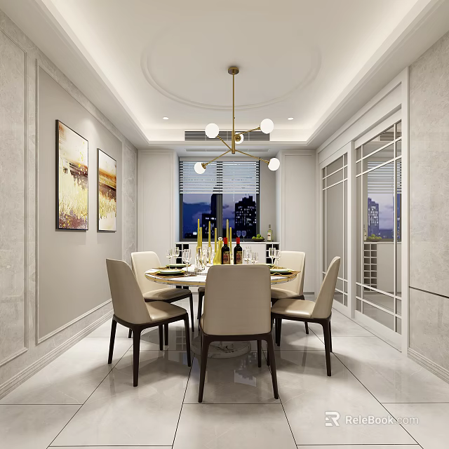 Modern Dining Room With Round Table Beige Chairs Gold Chandelier Wall Artworks And City View 3d model 