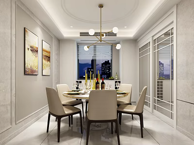 Modern Dining Room With Round Table Beige Chairs Gold Chandelier Wall Artworks And City View 3d model