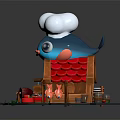 Cartoon Style Whale Shaped Hut With Red Roof Tiles Meat Skewers And Figures
