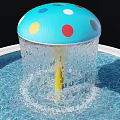 Blue Mushroom Shaped Fountain With Colorful Dots And Flowing Water From Top To Pool Base