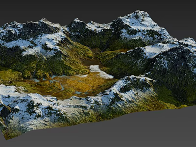 Scenic Natural Garden Landscape With Snow Capped Mountains Green Vegetation And Lakes 3d model
