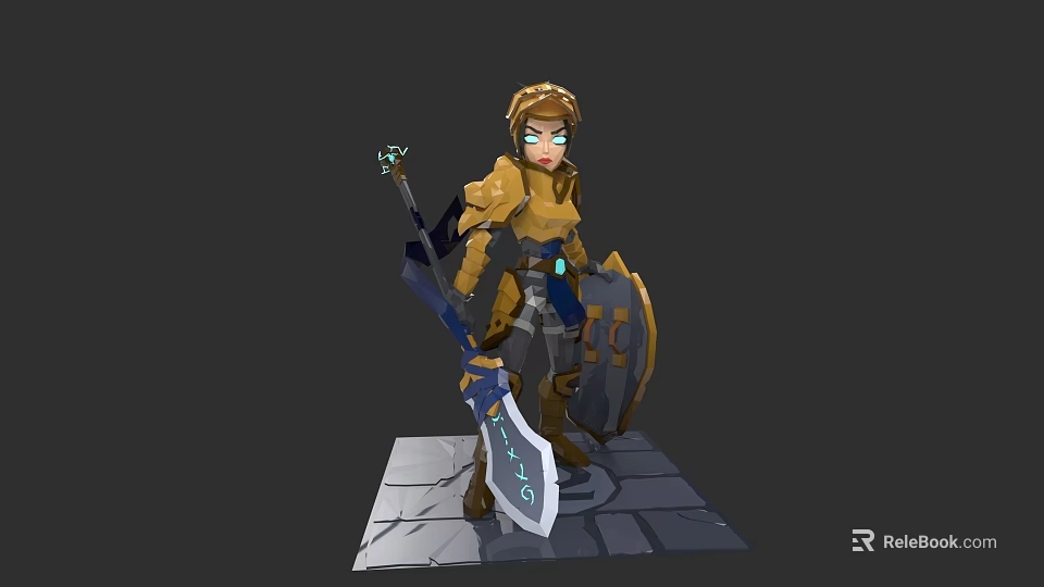 Armored Woman Standing With Sword Shield On Stone Platform 3d model 