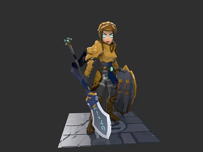 Armored Woman Standing With Sword Shield On Stone Platform 3d model