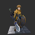 Armored Woman Standing With Sword Shield On Stone Platform